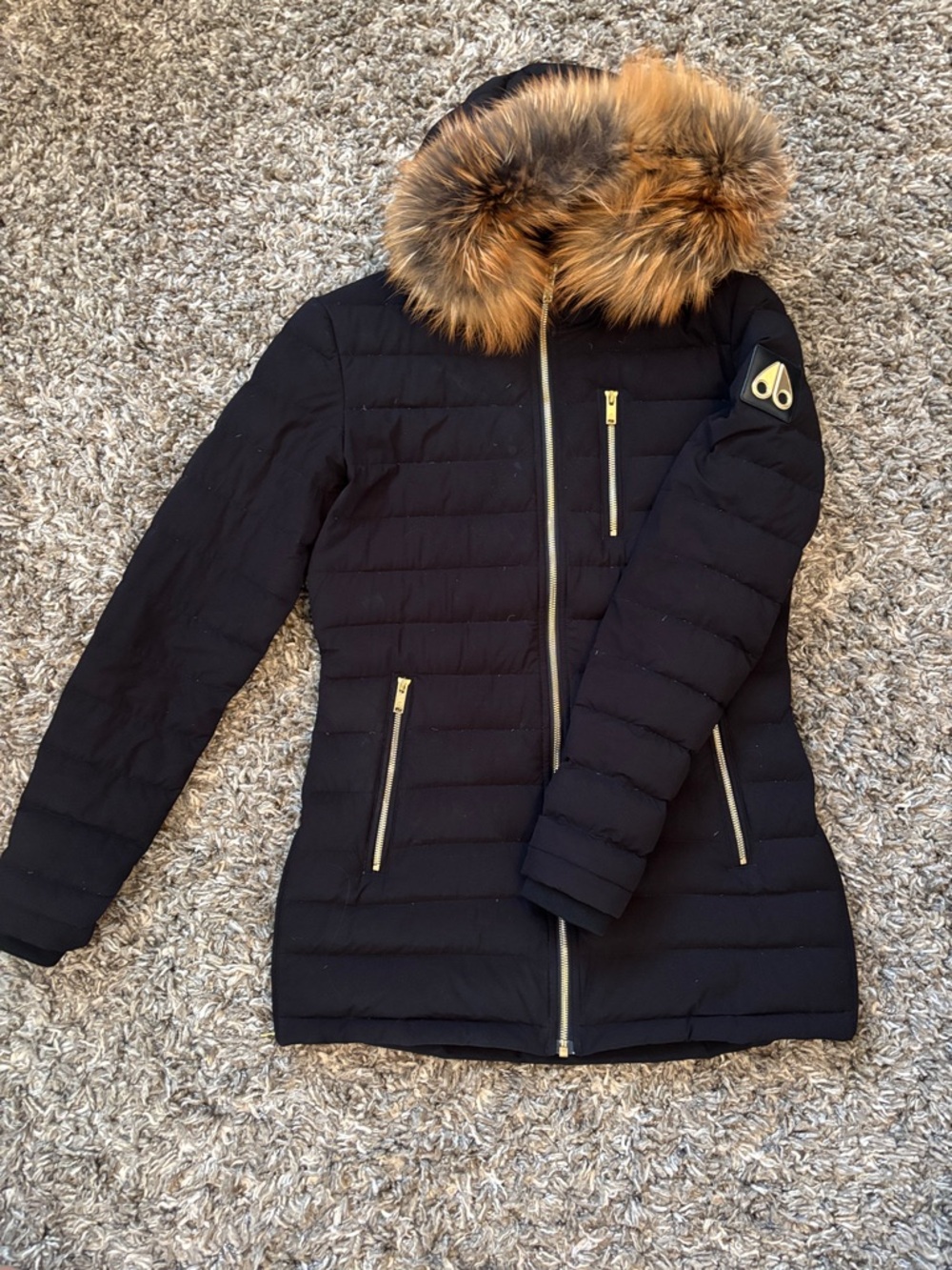 Moose Knuckles “Ladysmith” Black Quilted Down Coat with Brown Fur Trim Hood
